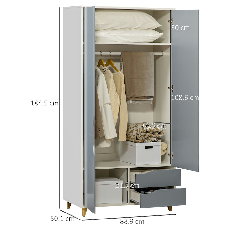 image 1 of HOMCOM 2 Door Wardrobe with Drawers, Hanging Rail, Shelves
