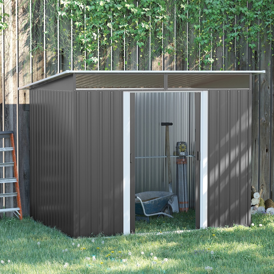 image 1 of Outsunny 8.5 x 6ft Metal Shed with Lightsky Panels, Garden Storage Tool House with Double Doors for Garden, Patio and Lawn, Grey