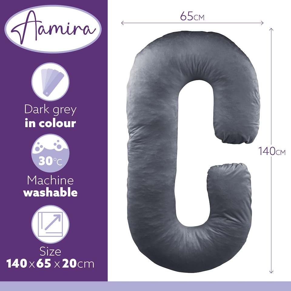 image 1 of Aamira Dark Grey Pregnancy Maternity Pillow, 140x65x20cm C Shaped Memory Foam | Grey | Grey | Standard | 1