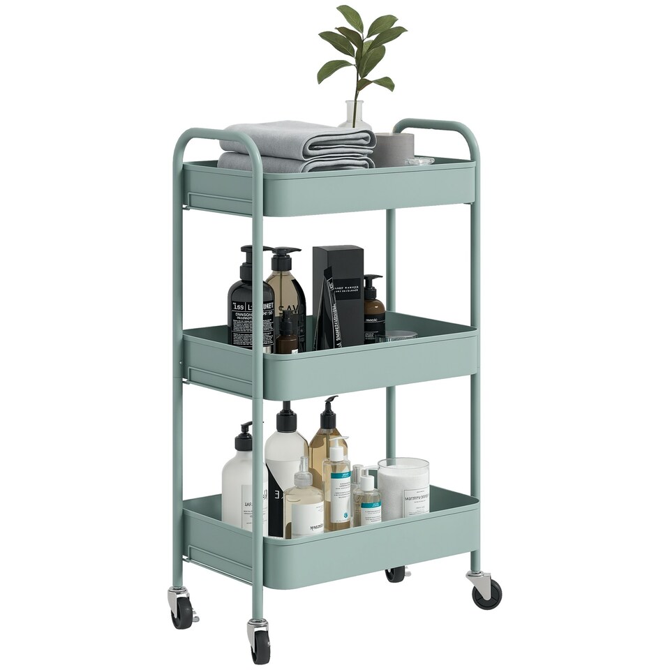 image 1 of HOMCOM 3 Tier Rolling Utility Cart with 3 Mesh Basket, Light Blue
