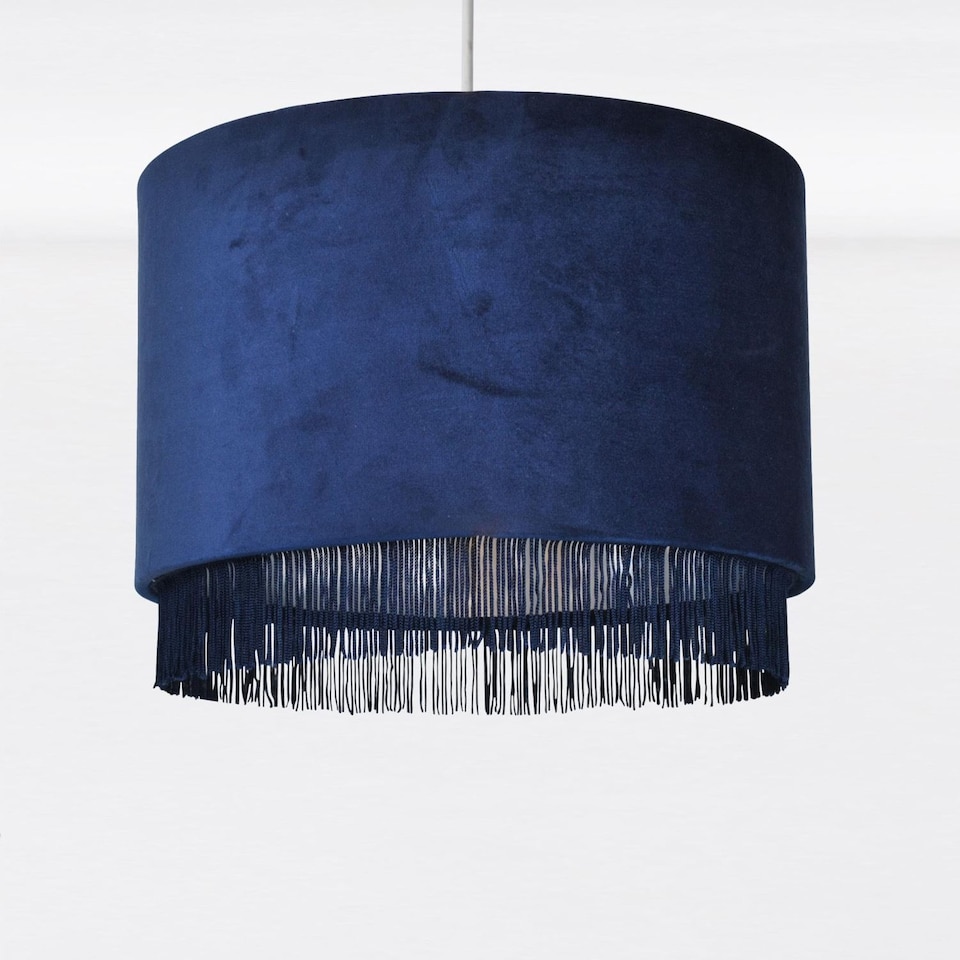 image 1 of Set of 2 Navy Velvet With Chrome Inner Tassled Light Shades | Blue | Chrome | Large | 2