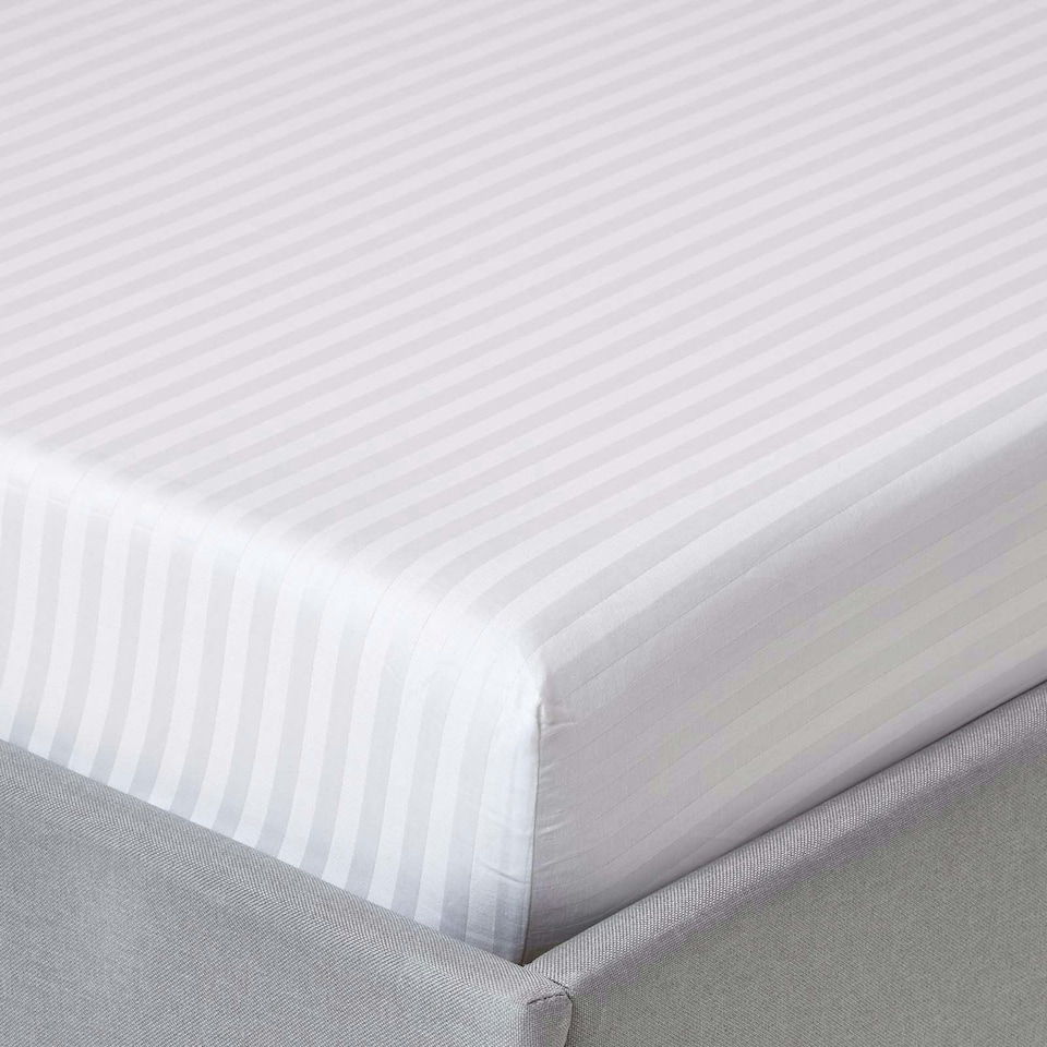 image 1 of Homescapes White Egyptian Cotton Satin Stripe Fitted Sheet 330 TC, Double | White | Double
