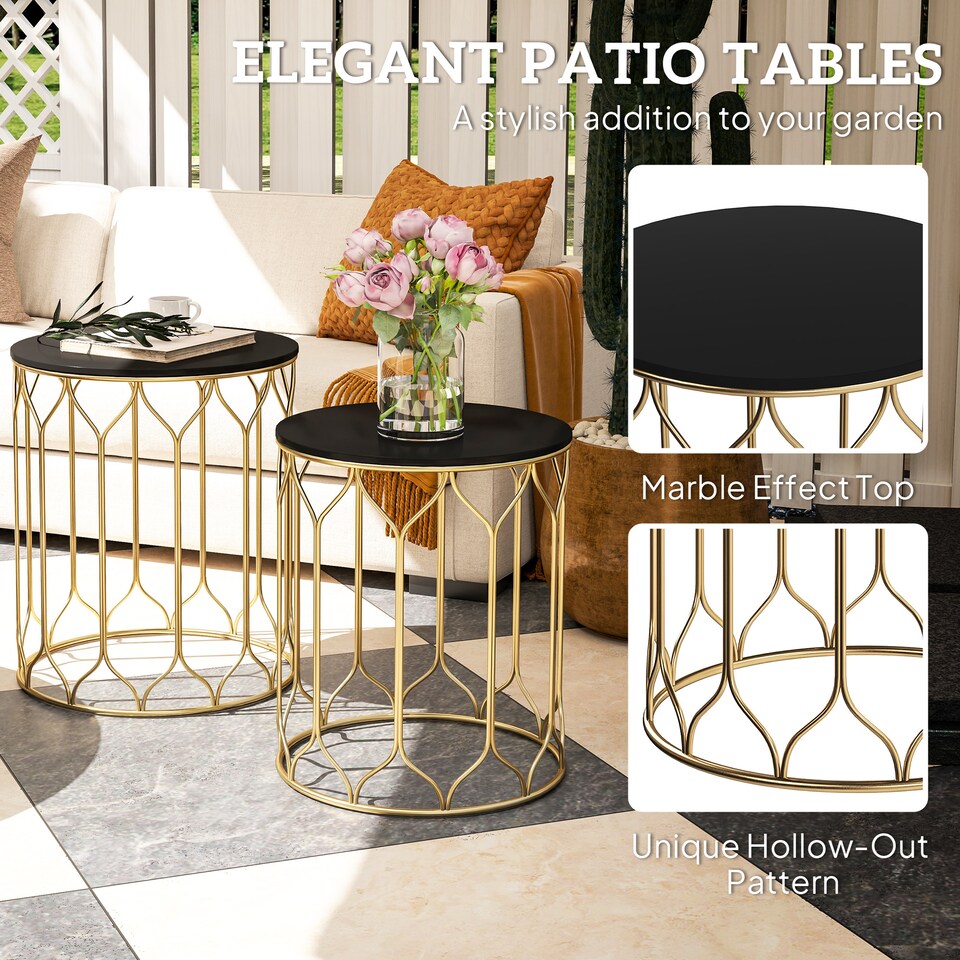 image 1 of Outsunny Round Coffee Table Set of 2, Modern Nesting Tables with Ceramic Tile Top, Small End Tables, Indoor Outdoor Side Table with Metal Frame for Living Room, Bedroom, Patio, Balcony, Black | Black | Black
