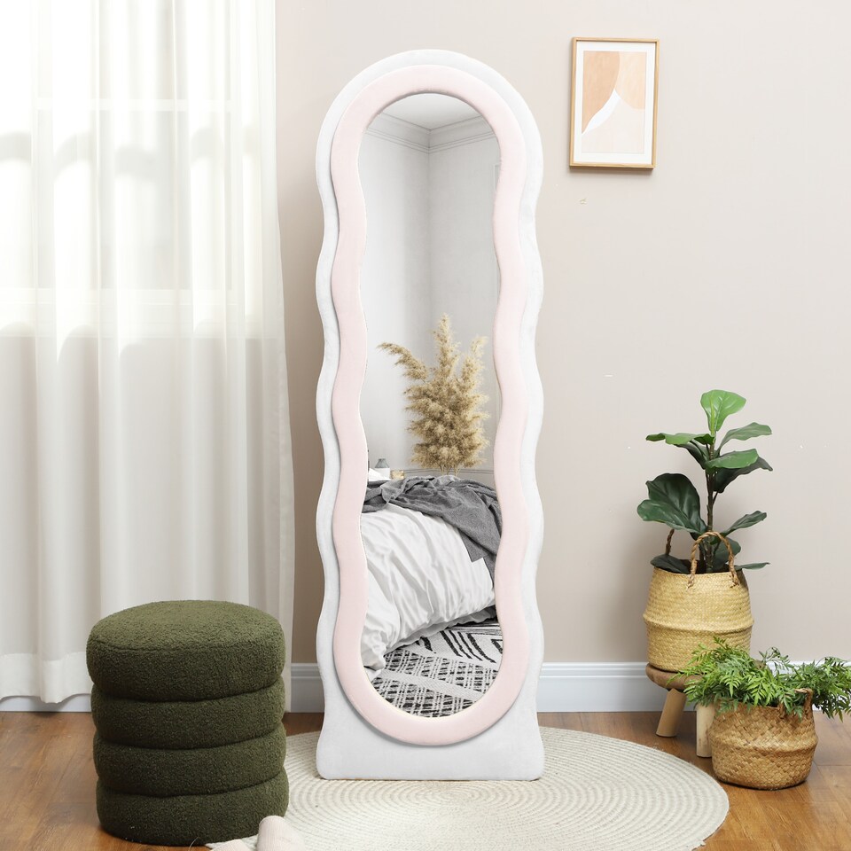 image 1 of HOMCOM Irregular Wavy Mirror Full Length, 160  50cm Free Standing, Leaning or Wall Mirror with Velvet Wrapped Frame and Arched Top for Living Room, Bedroom, White and Pink