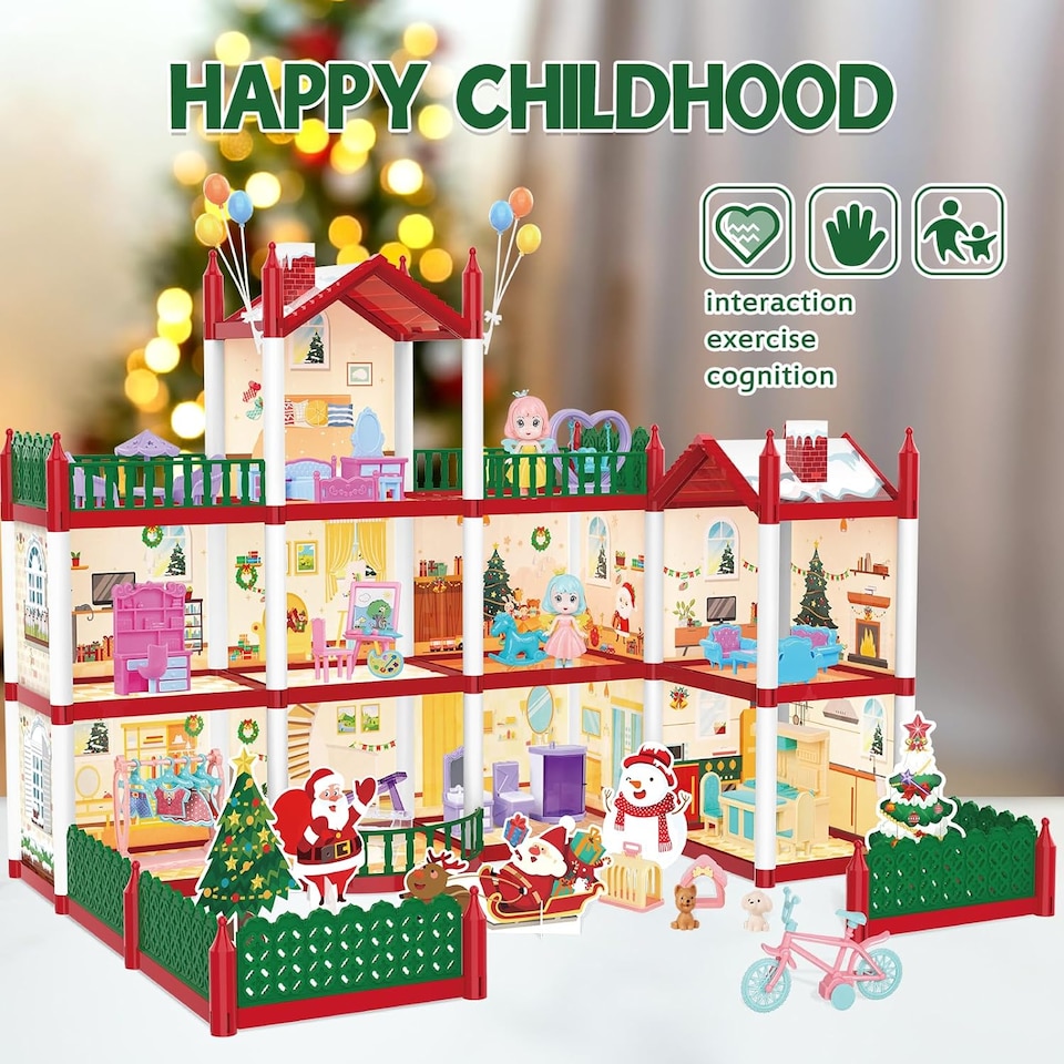 image 1 of Christmas Doll House Playset - 3D DIY Two-Story Dream Home with Accessories & Garden Holiday Gift for Kids Ages 3 plus