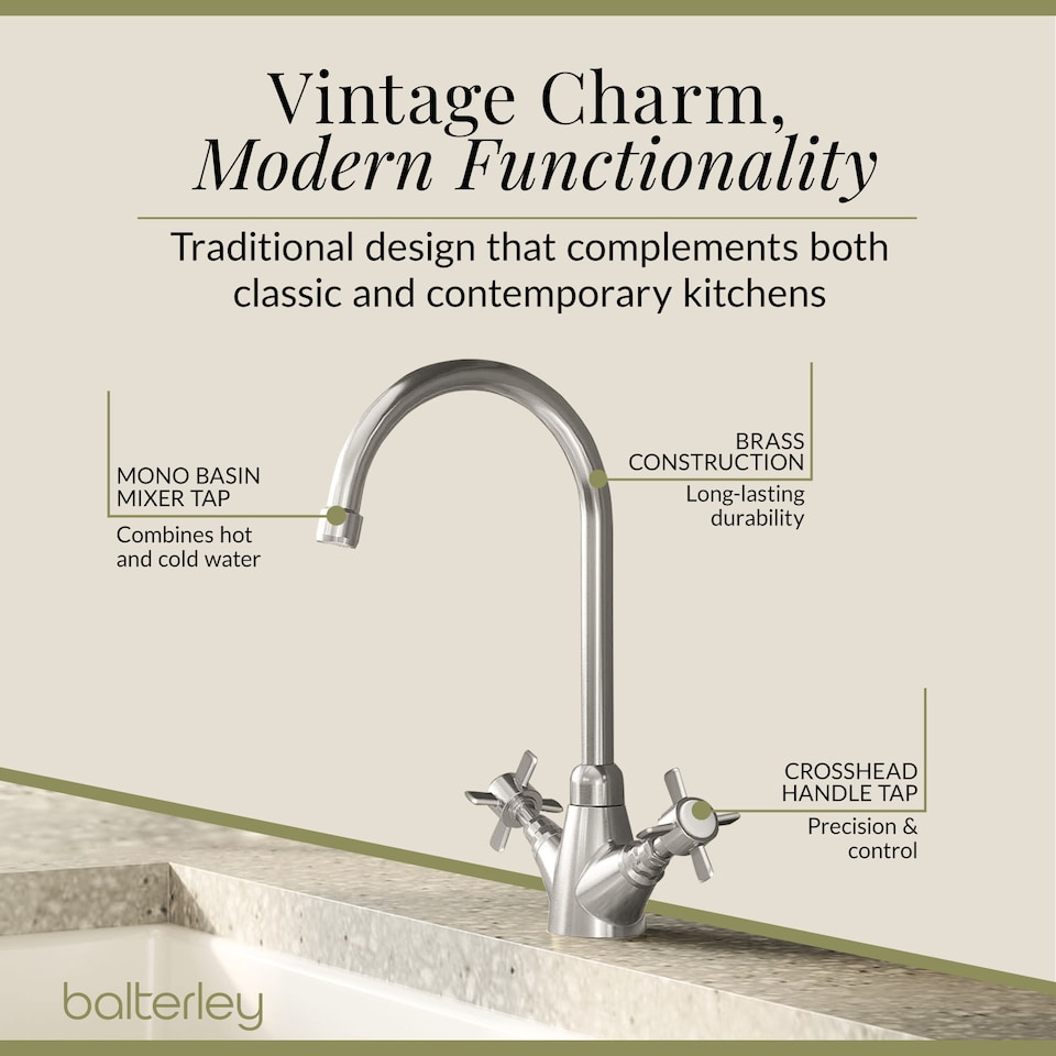 image 1 of Traditional Kitchen Sink Mono Mixer Tap - Brushed Nickel Crosshead | Silver | Brushed Nickel | 1