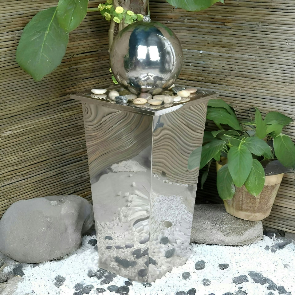 image 1 of Primrose Polished Stainless Steel Sphere Column Water Feature Cascade 83cm