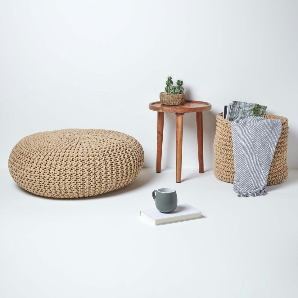 image 1 of Homescapes Linen Large Round Cotton Knitted Pouffe Footstool
