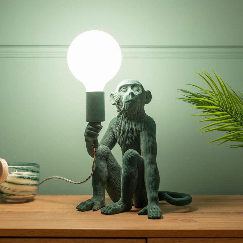 image 1 of ValueLights George Monkey Dark Green Velvet Table Lamp & Bulb | Green