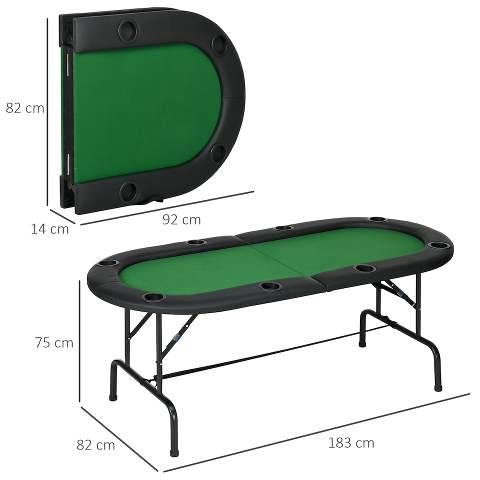 image 1 of HOMCOM 8 Player Folding Poker Table, Oval Portable Blackjack Casino Table with Cup Holder, Felt Top and Metal Base, 183 x 82 x 75cm, Green and Black