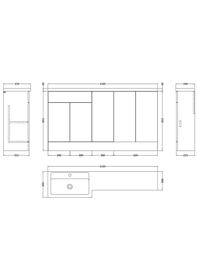 image 1 of Balterley Wichnor Floor Standing 3 Door, Open Shelf Vanity Basin WC Unit with Toilet Roll Holder and Polymarble Basin, 1500mm, Right Hand, Dark Grey