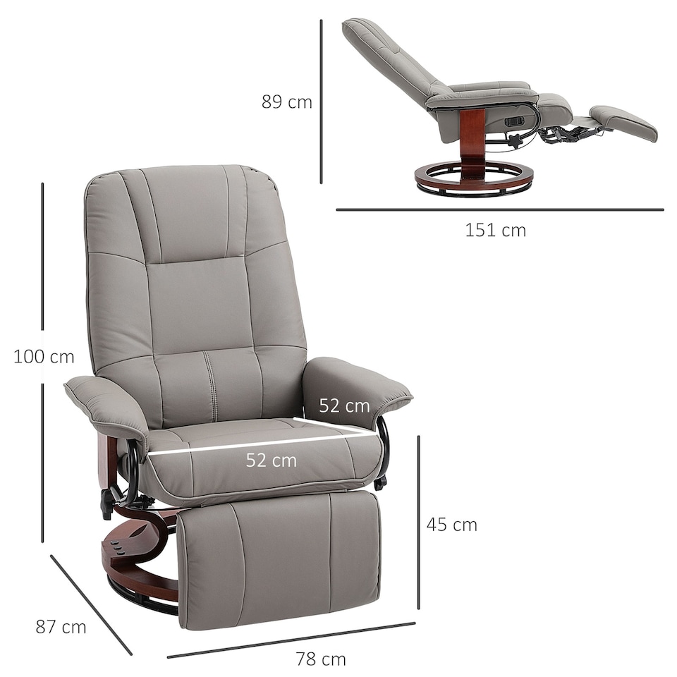 image 1 of HOMCOM 360 Swivel Recliner Chair with Footstool, Manual Recliner Armchair with Wooden Base, PU Leather Upholstered Reclining Chair for Living Room, Bedroom, Office, Grey