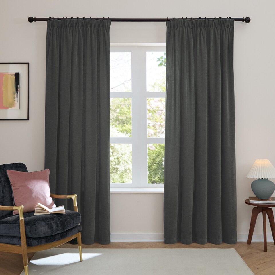 image 1 of Furn Soft Chenille Blackout Pencil Pleat Curtain Pair, 117cm width x 137cm drop | Grey | Charcoal | (W) 117cm x (L) 137cm | 1