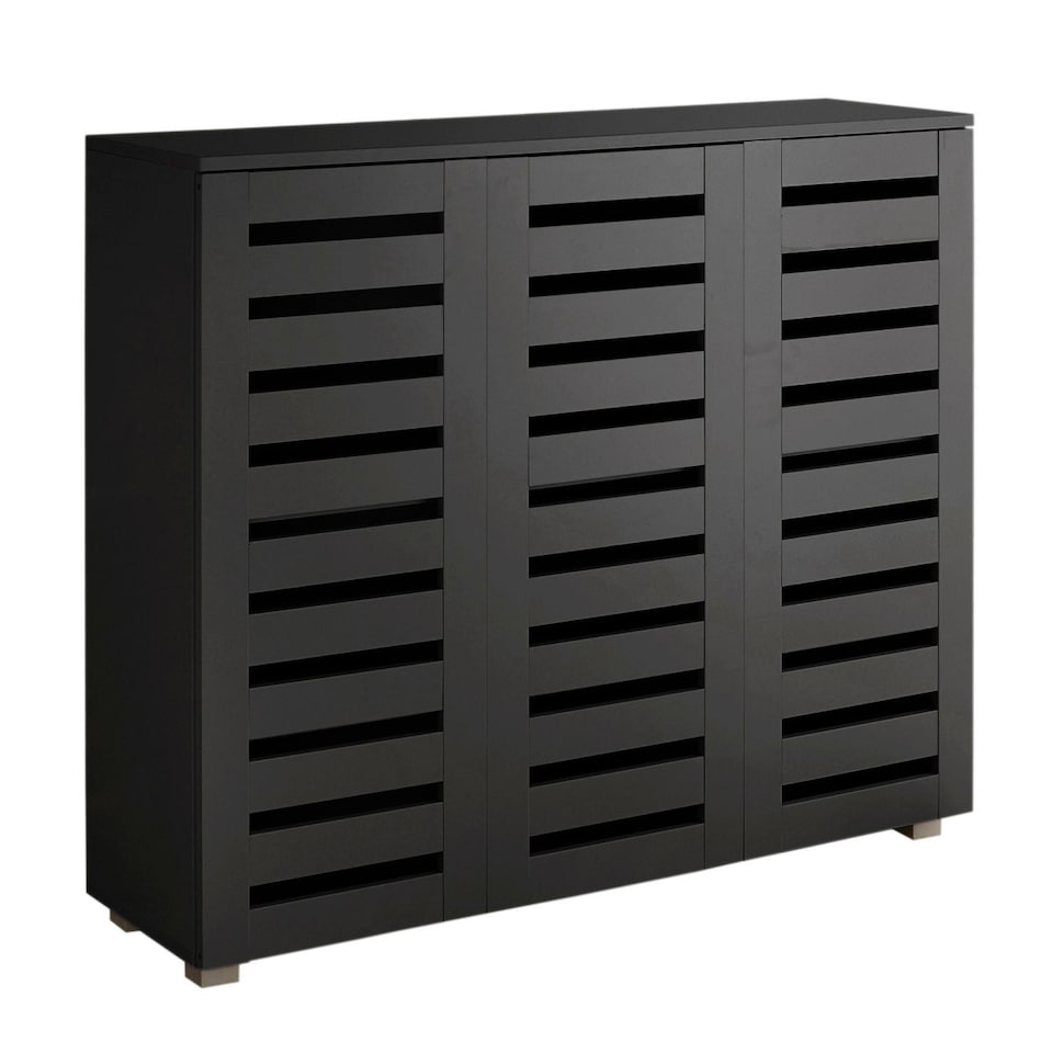 image 1 of Oslo 3 Door Wooden Shoe Storage Cabinet Rack Stand Cupboard Slatted Doors | Black