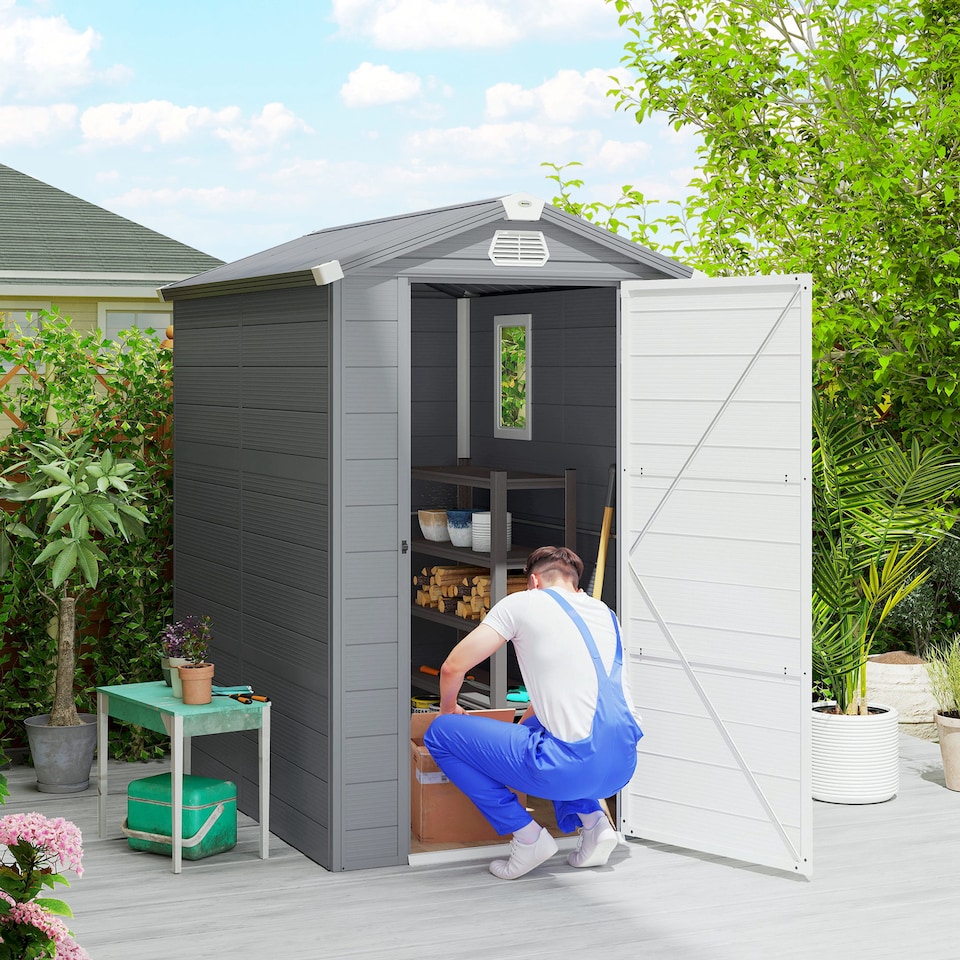 image 1 of Outsunny 4 x 6ft Plastic Garden Storage Shed with Foundation Kit, Polypropylene Outdoor Storage Tool House with Ventilation Slots and Lockable Door, Grey