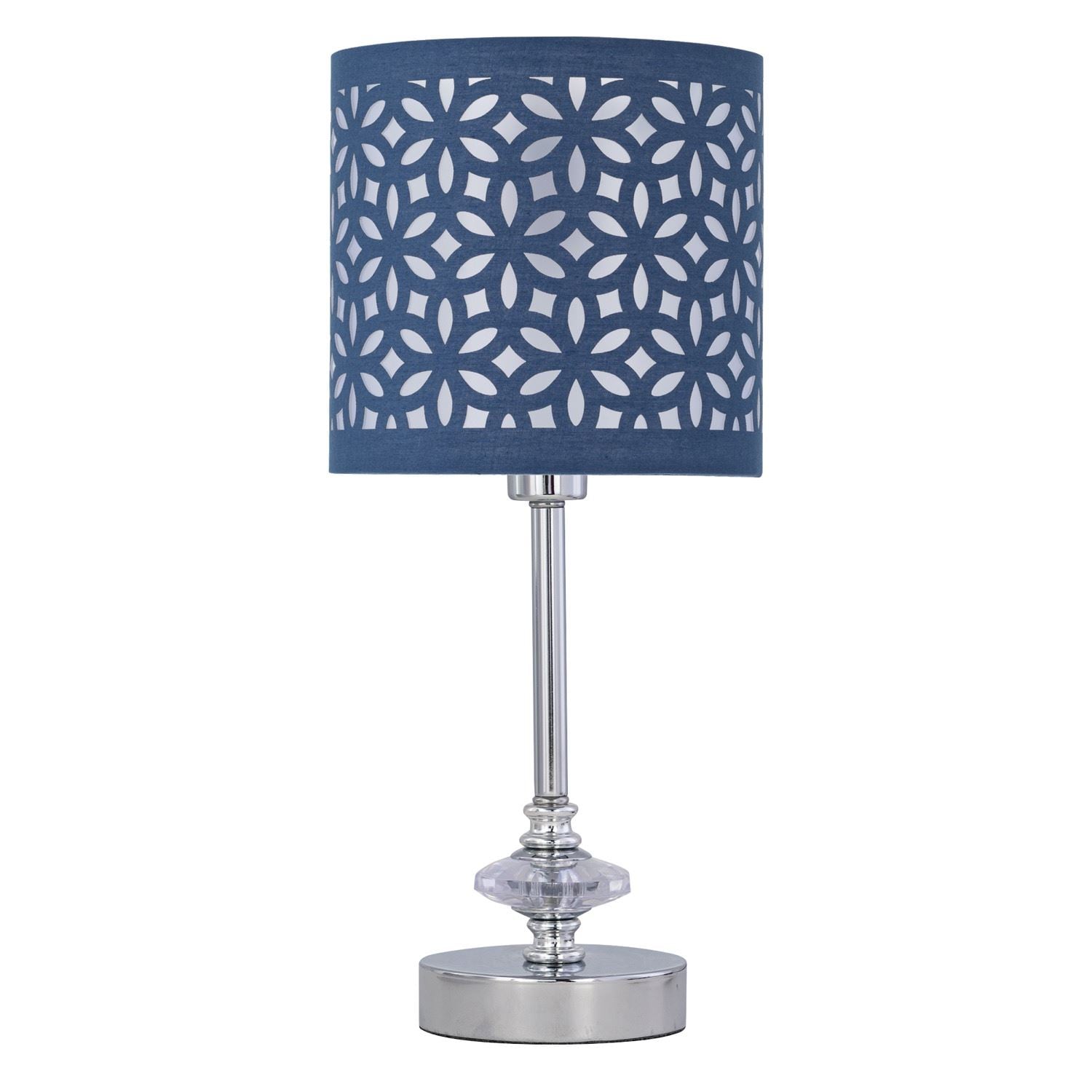 First Choice Lighting Chrome Jewelled Table Lamp with Navy Blue Cut Out Shade in Silver