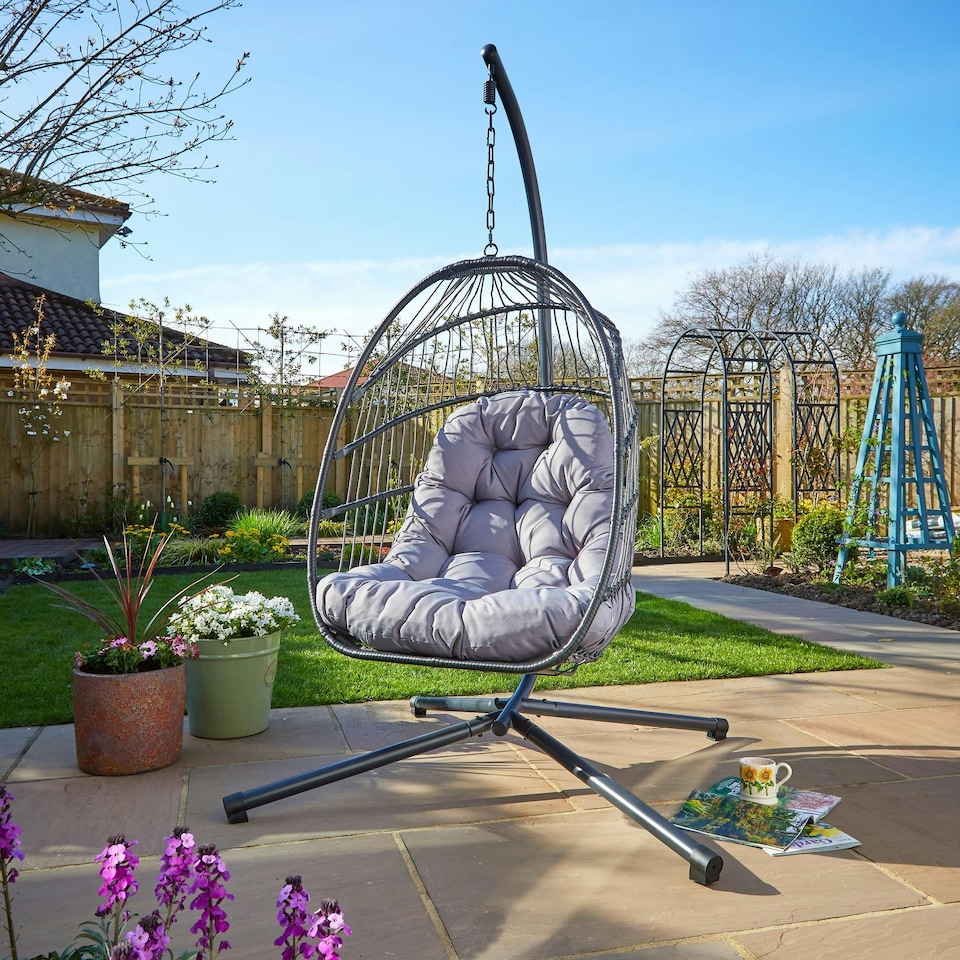 image 1 of Hanging Egg Chair Rattan Black Waterproof Dark Grey Cushion Indoor Outdoor Seat