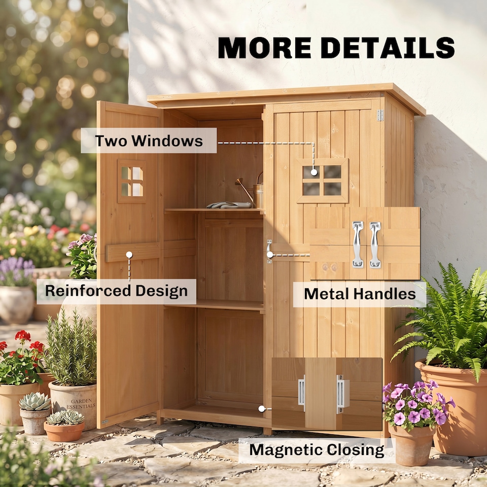 image 1 of Outsunny Wooden Garden Shed Tool Storage Cabinet Double Door Shelf Natural Wood | White
