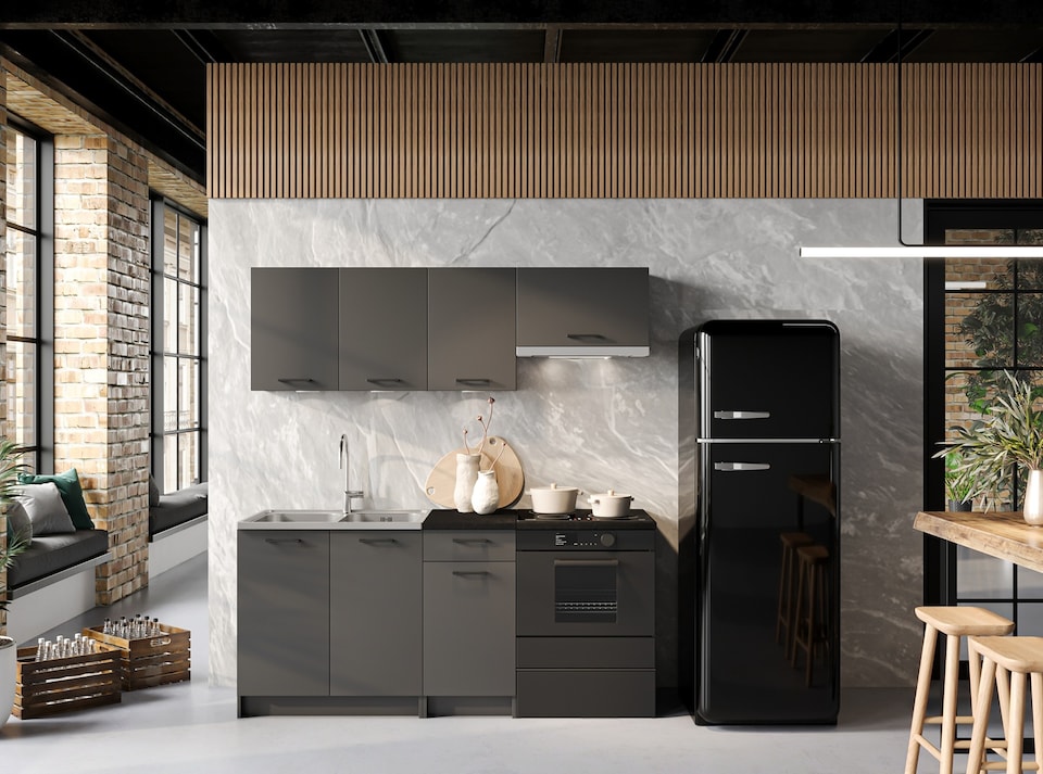 image 1 of Kitchen Cabinets 5 Units Black Grey Complete Kitchenette Small Set 180cm DIY Fitted Kitchen Package with Worktop Lina