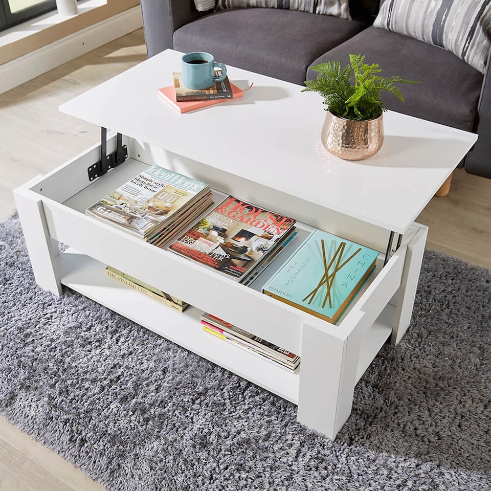 image 1 of Wooden Coffee Table With Lift Up Top Storage Area and Magazine Shelf | White