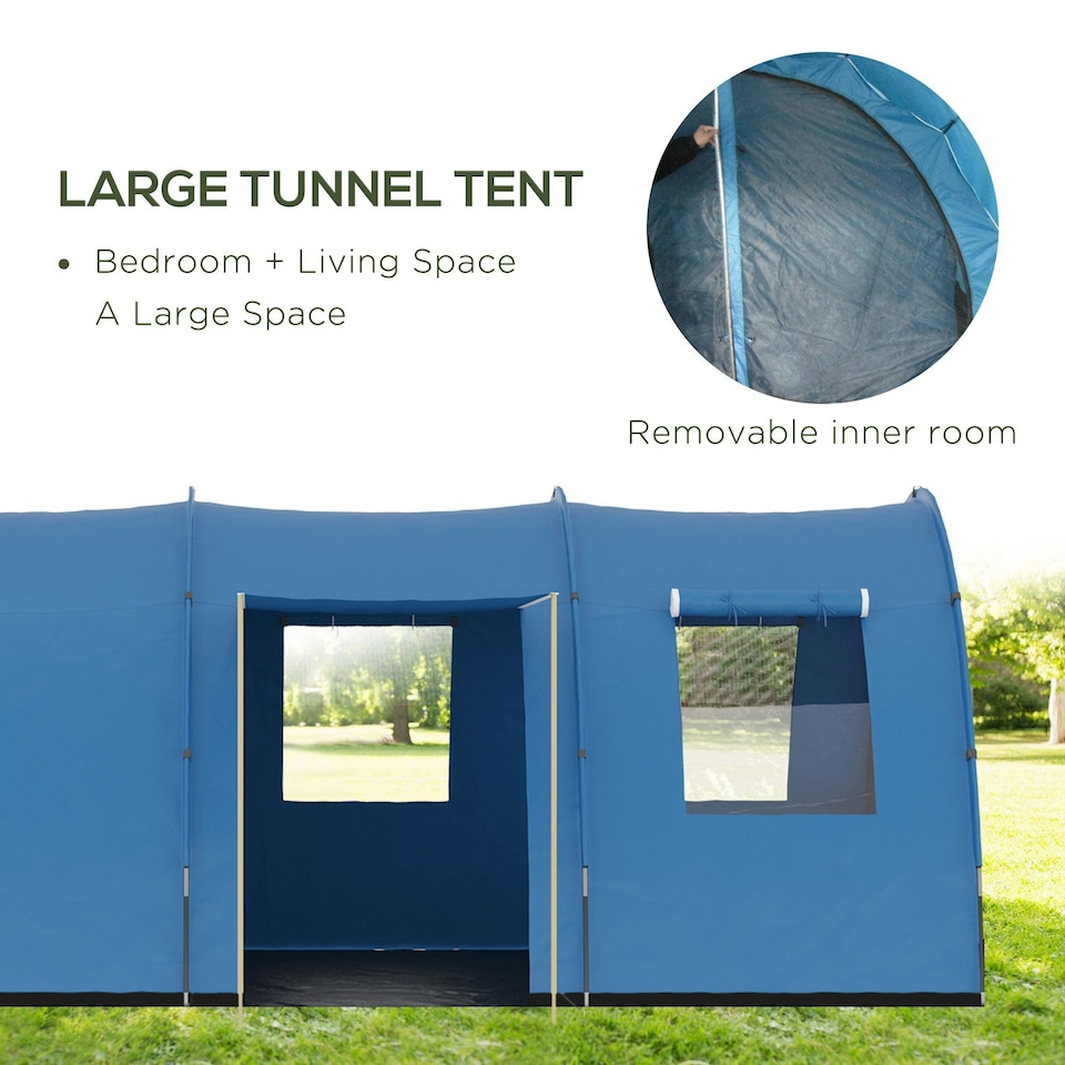 image 1 of Outsunny 5-6 Man Family Tent Camping Tent with 2 Room and Carry Bag, Blue