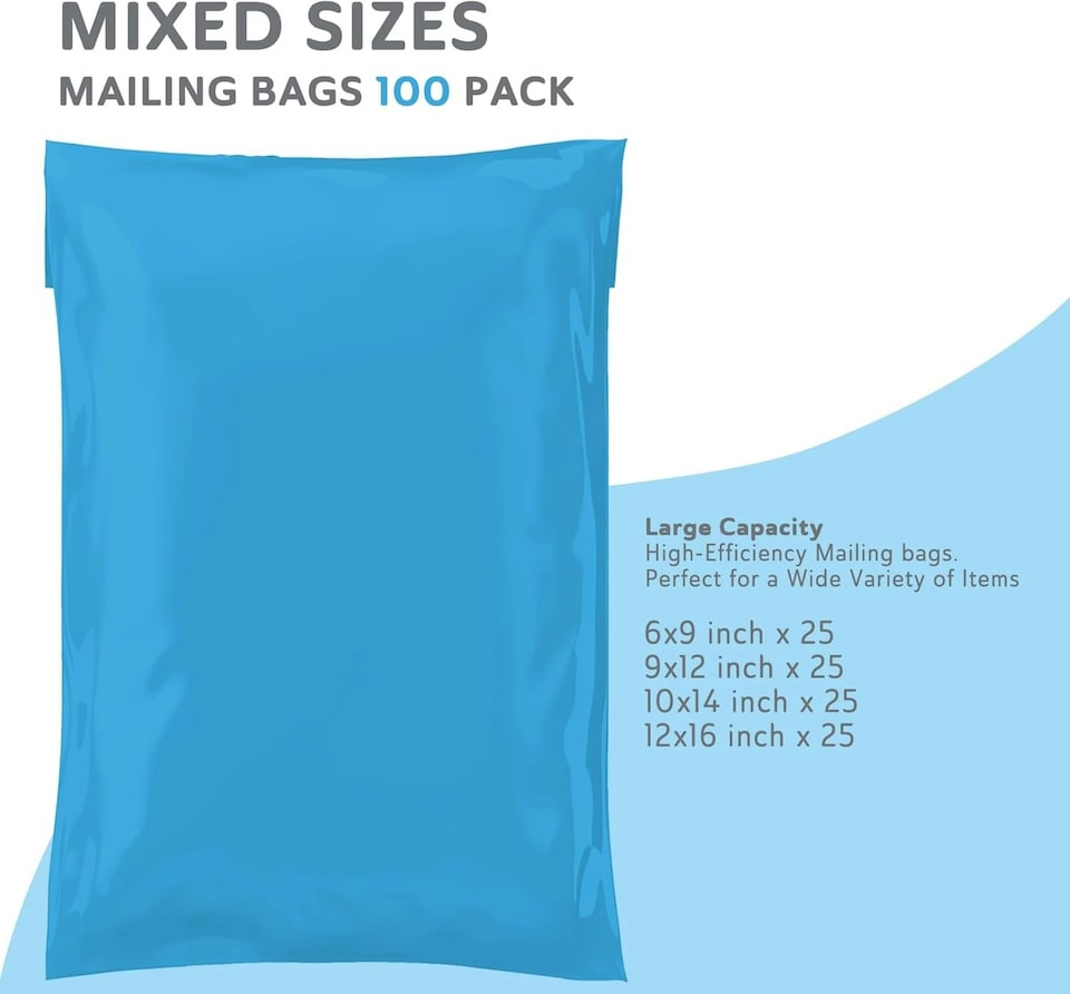 image 1 of Straame 100 Assorted Blue Postal Bags, Self-Seal, Flexible, Tear-Proof, 4 Sizes, 25 Each | Blue | DL | 100