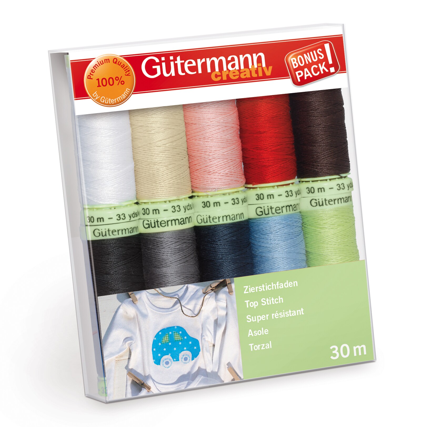 Gutermann Top Stitch Thread Set - 10x30m Assorted Colours, Strong Decorative Thread for Topstitching & Seams