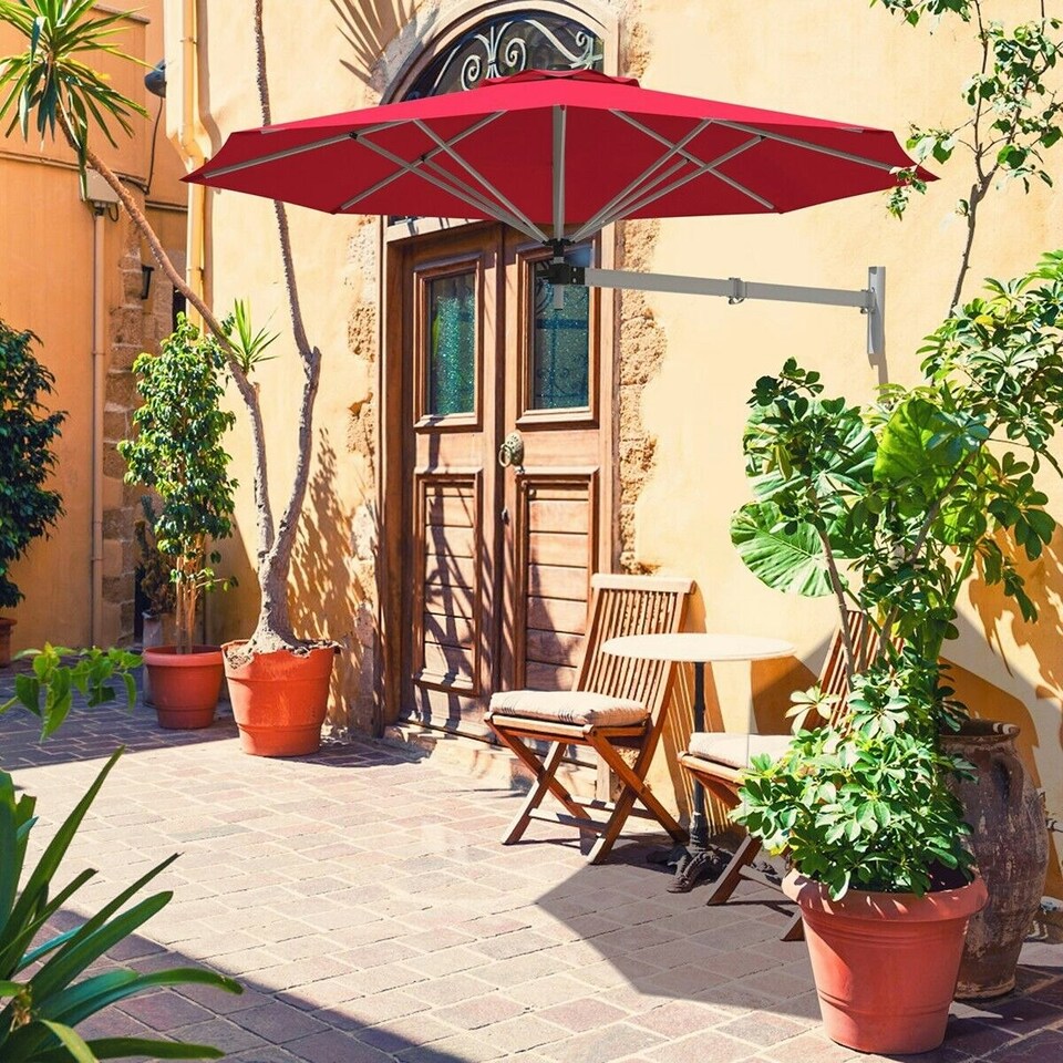 image 1 of COSTWAY Garden Wall Mounted Cantilever Parasol Tilting Umbrella Red