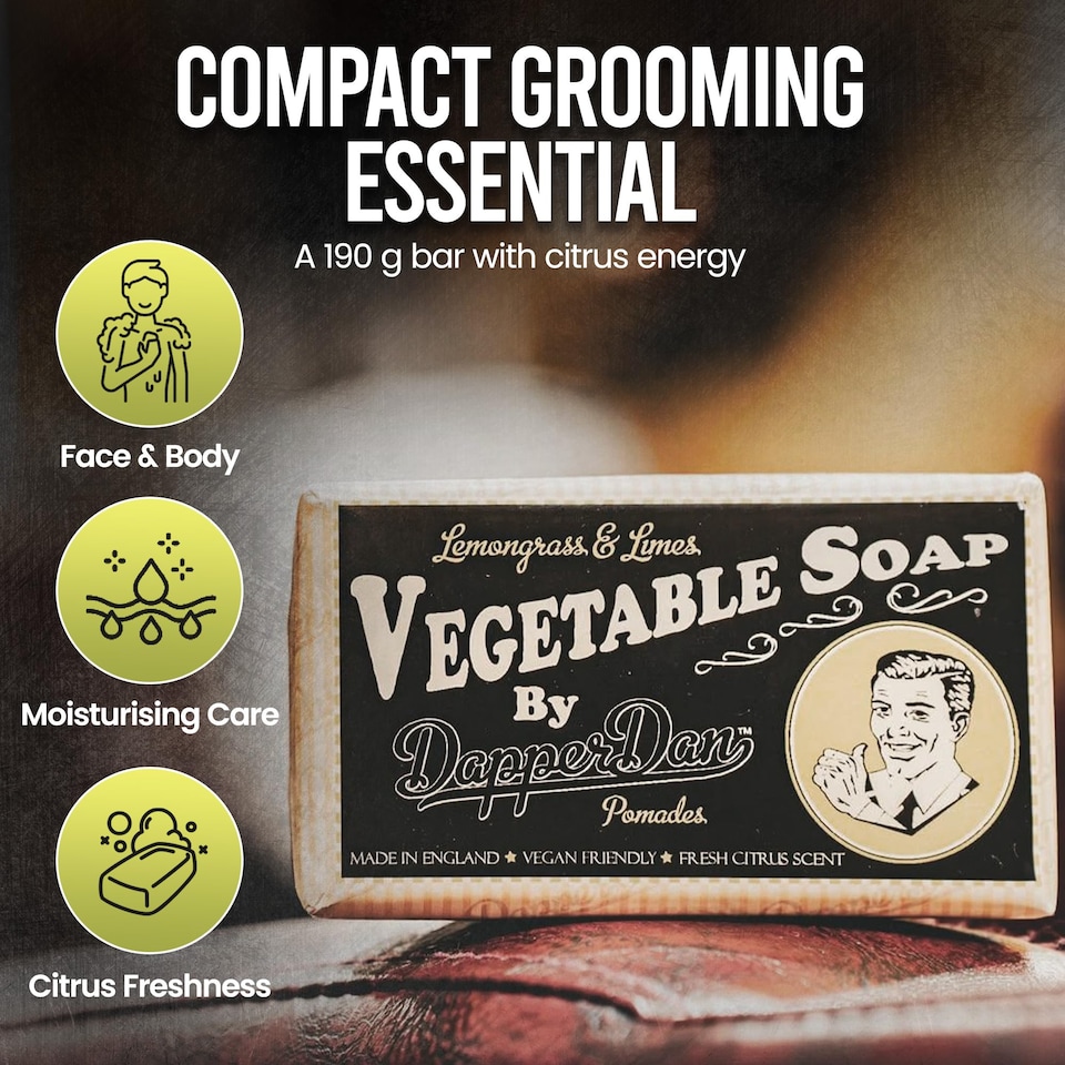 image 1 of Dapper Dan Lemongrass Vegetable Soap for Men, Refreshing and Moisturising Mens Soap Bar, Scented Cleanser for Face and Body 190g