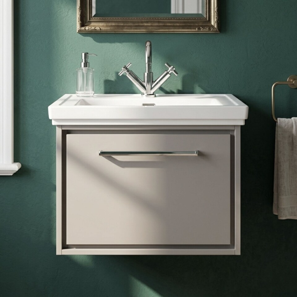 image 1 of Balterley Modern Bathroom Wall Hung Single Drawer Vanity Unit with Fireclay Basin - "Vanity Basin Units", 1 Tap Hole | Grey | Pebble Grey