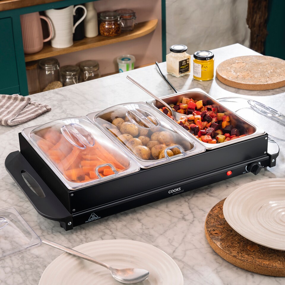 image 1 of Cooks Professional 3-Section Buffet Warmer 4.5L with Hotplate Function | Black | Black | 1