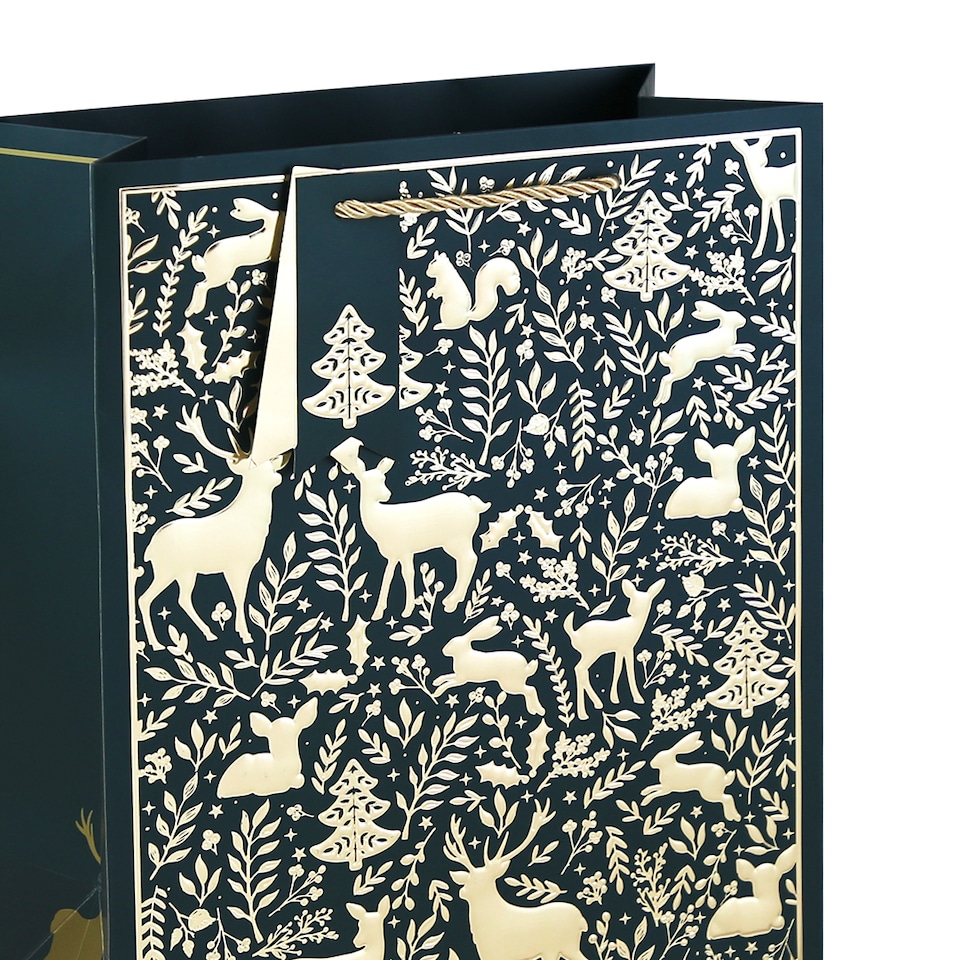 image 1 of Gold Embossed Woodland Animals Christmas Large Midnight Blue Gift Bag 33cm