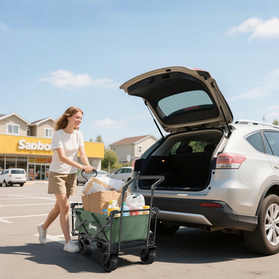 image 1 of Outsunny Outdoor Push Pull Wagon Stroller Cart w Canopy Top Green