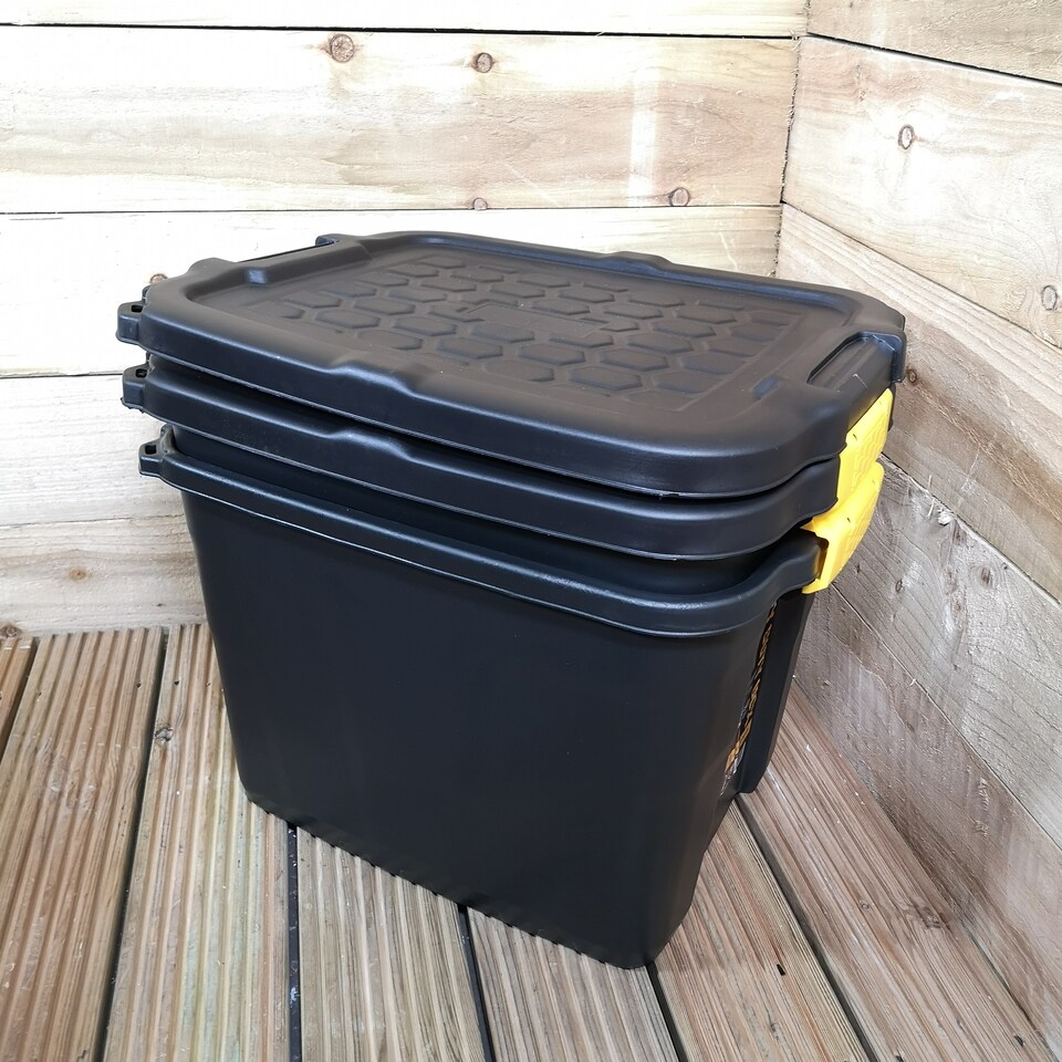 image 1 of 2 x 42L Heavy Duty Storage Tubs Sturdy, Lockable, Stackable and Nestable Design Storage Chests with Clips in Black