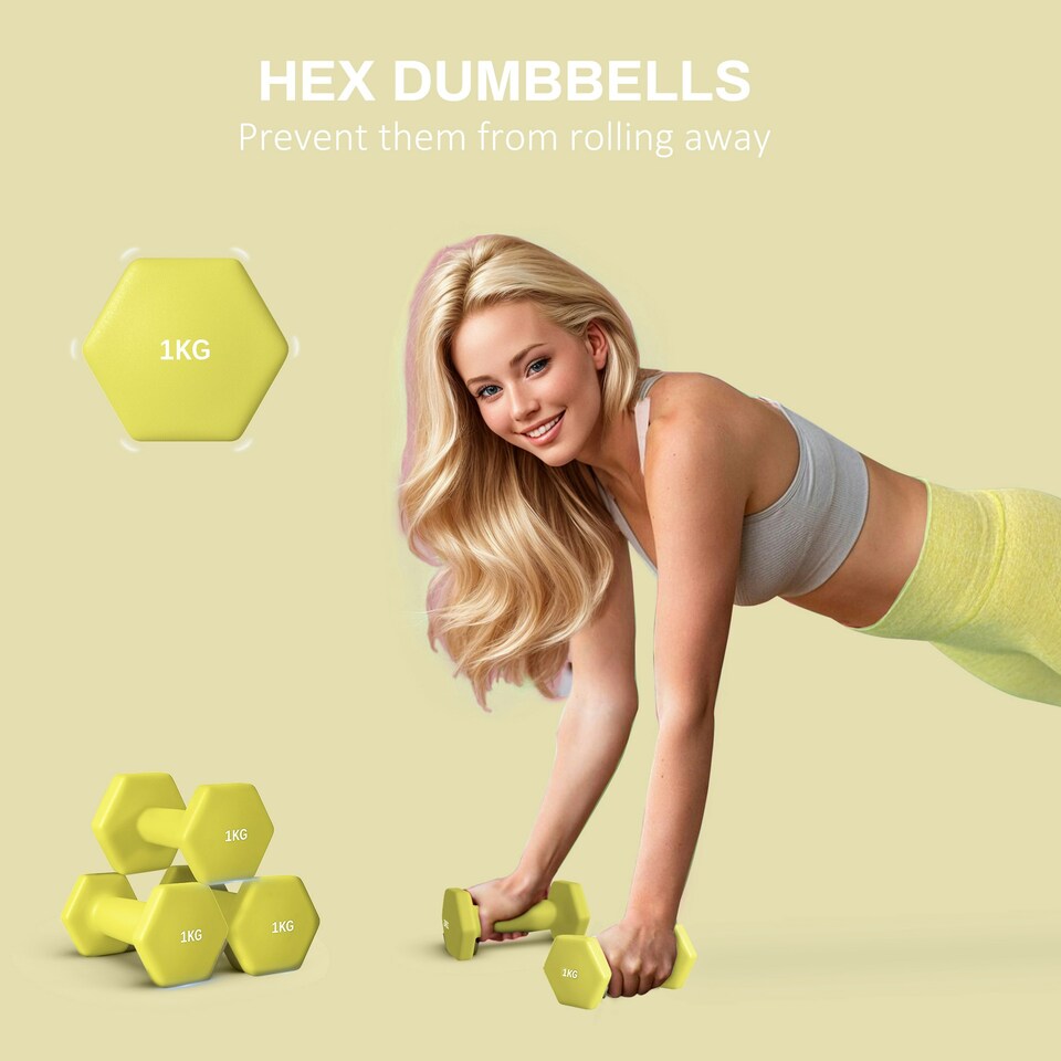 image 1 of SPORTNOW Set of 2 Hexagonal Dumbbells Weights Pair, 2 x 1kg, Yellow