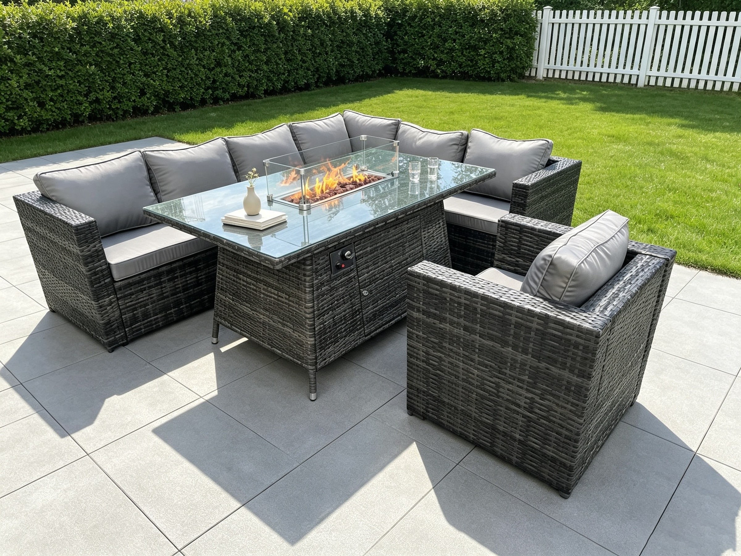 Fimous Outdoor Rattan Garden Corner Furniture Gas Fire Pit Dining Table Gas Heater Sets Lounge Chair Dark Grey 7 Seater