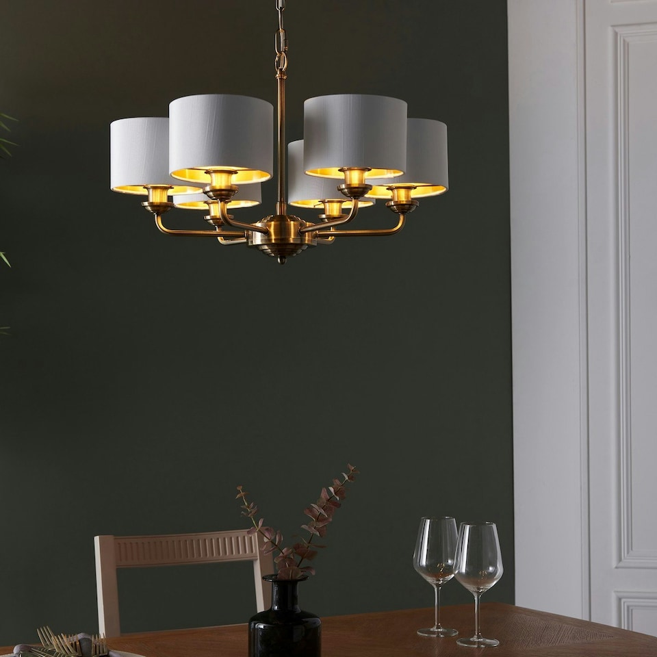 image 1 of Highclere Multi Arm Shade Pendant Ceiling Lamp, Antique Brass Plate, Vintage White Fabric
