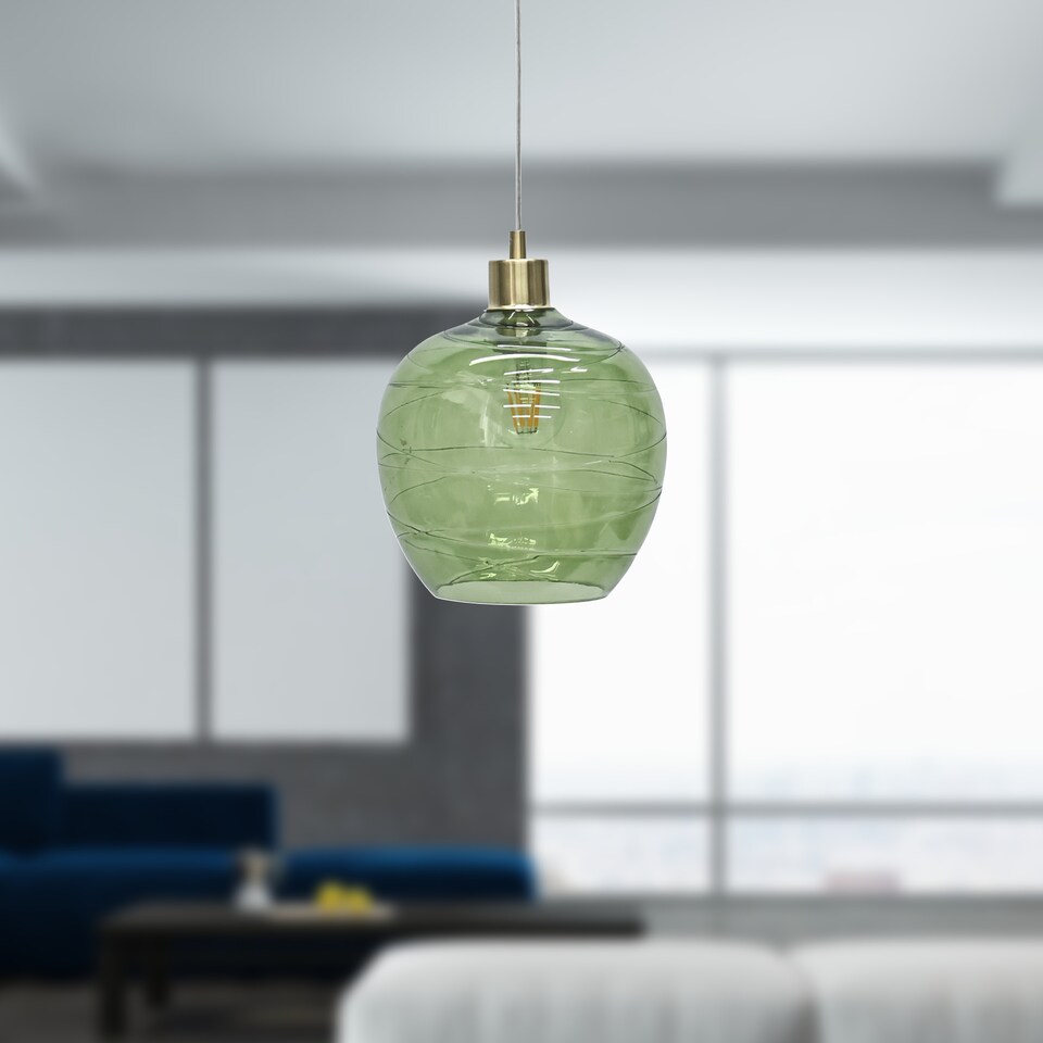 image 1 of Set of 2 Leah - Green Ripple Glass Globe with Satin Brass Pendant Fittings