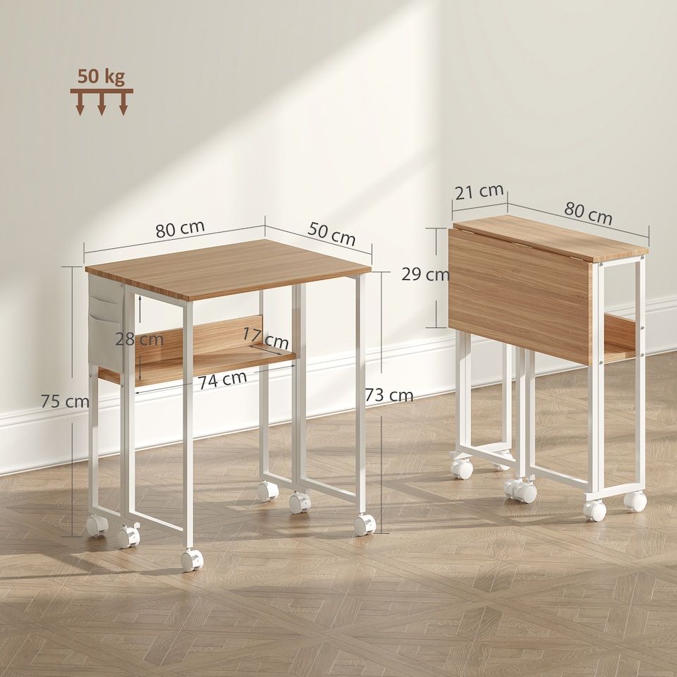 image 1 of HOMCOM 80 cm Foldable Computer Desk on Wheels for Small Spaces Natural