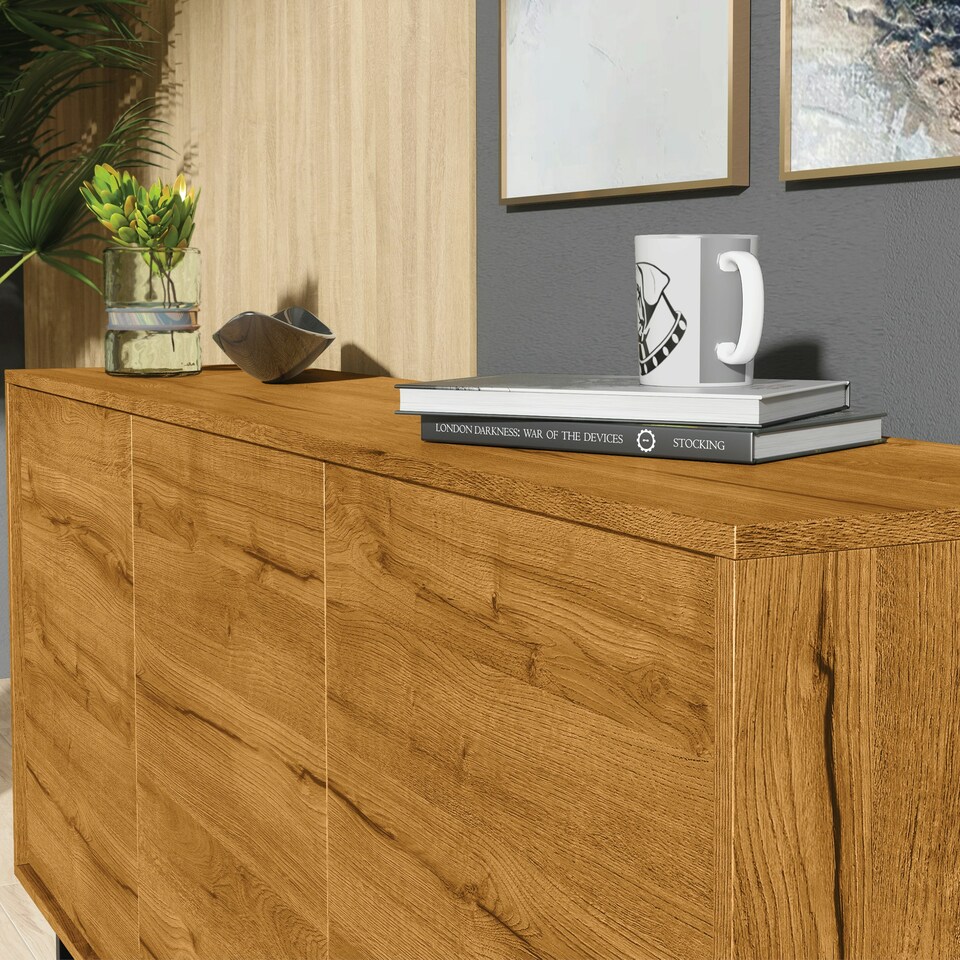 image 1 of Sideboard 160cm Oak Matt Body & Doors – 3 Door Cabinet with Black Metal Legs Bronze