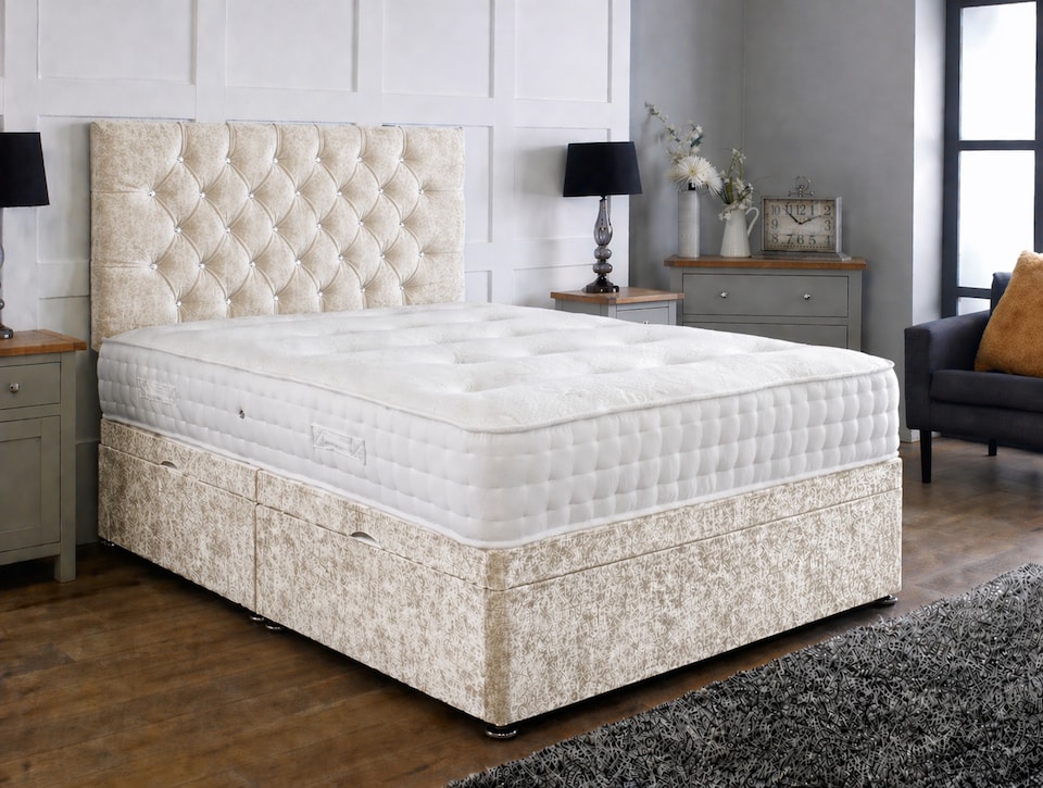 image 1 of Side Lift Crushed Velvet Cream Ottoman Bed Set 4ft Small Double