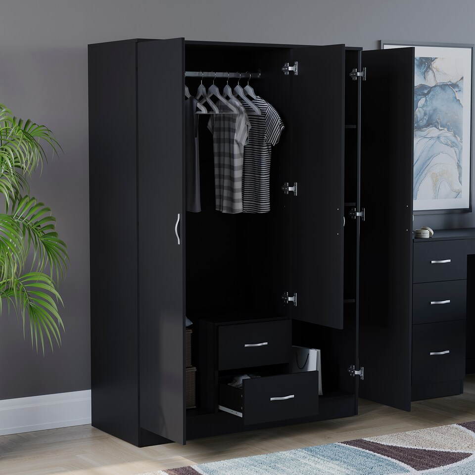 image 1 of Vida Designs Riano 3 Door 2 Drawer Mirrored Wardrobe With Shelf & Clothes Rail, Black