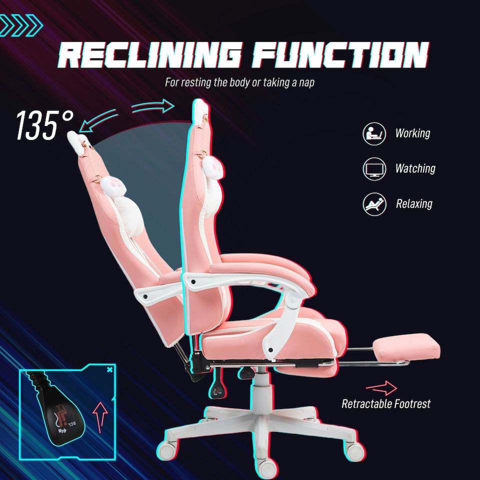 image 1 of HOMCOM Gaming Chair with Footrest, Reclining Computer Chair, Pink