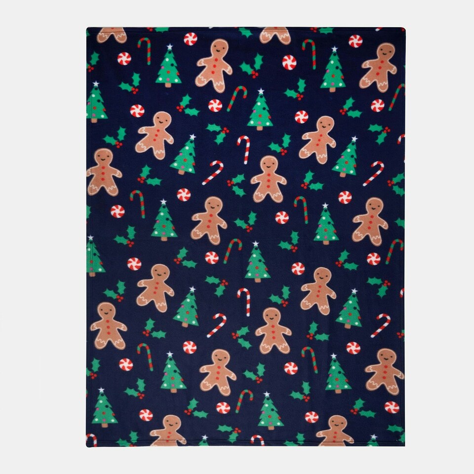 image 1 of OHS Gingerbread Man Print Polar Fleece Blanket Throw, 120x150cm - Navy Blue
