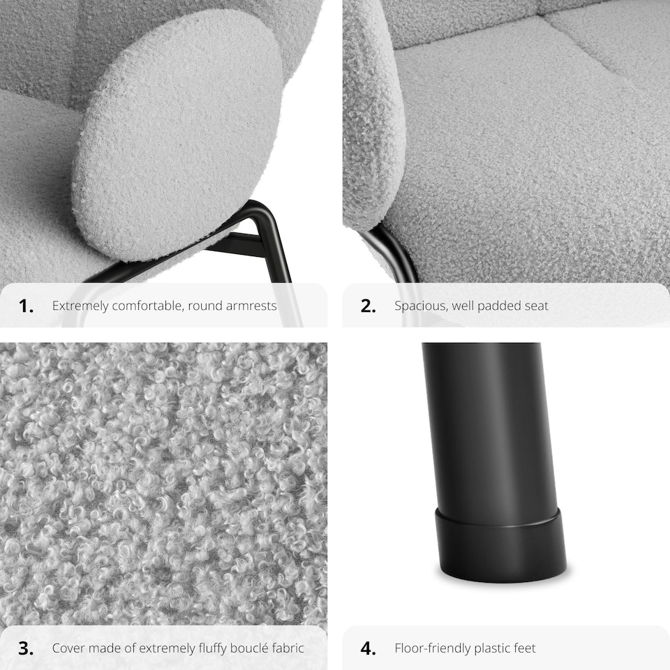 image 1 of Dining Chair - Boucle cover, plush padding, high backrest - Set of 2 Grey | Light Grey