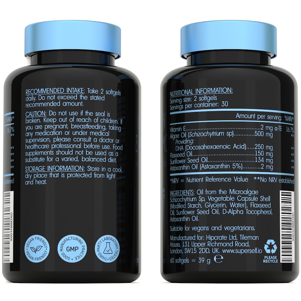 image 1 of SuperSelf Vegan Omega-3 from Algae Oil with Flaxseed Oil, Astaxanthin, Vitamin E 60 Softgels