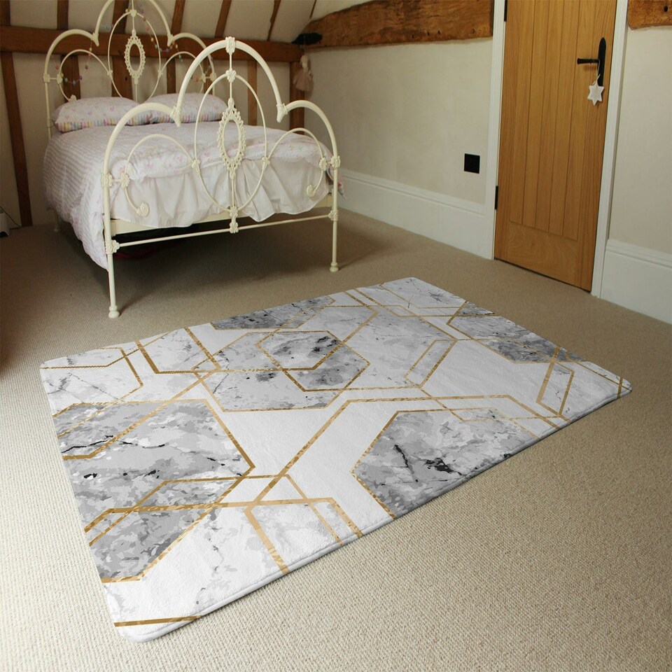 image 1 of geometric marble pattern with gold glitter (Rug) Grey | Medium: 80x150cm
