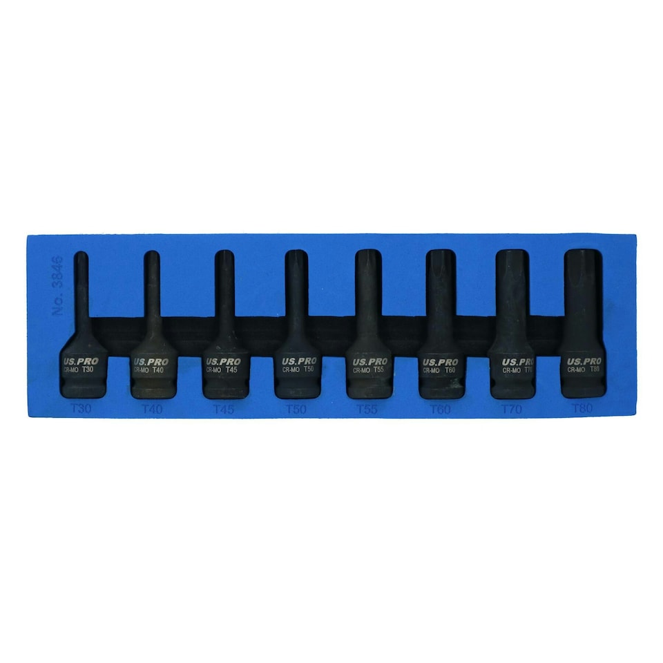 image 1 of 1/2in Drive Impact Impacted Male Torx Star Sockets Deep Sized T30 - T80 8pc