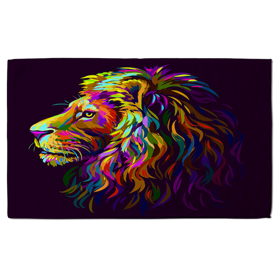 image 1 of lion's head on a purple background in popart style Designer Bath Towel | Multi