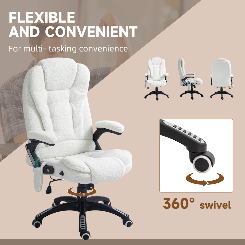 image 1 of Vinsetto Office Chair, Ergonomic Desk Chair with 6-Point Massage and Back Heated, Boucle-Feel Fabric Computer Gaming Chair with Arms, Lumbar Support, White